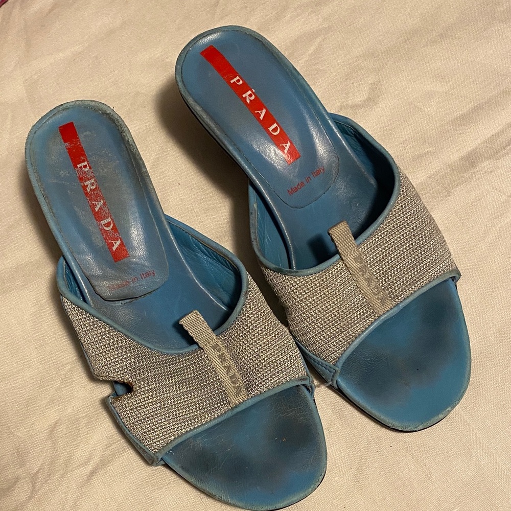 Prada Women's Blue and Silver Mules